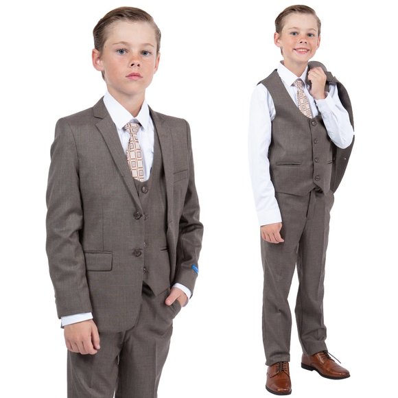 Perry Ellis Boys Sharkskin 5pc Suit, Stoned Cocoa - Picture 1 of 6